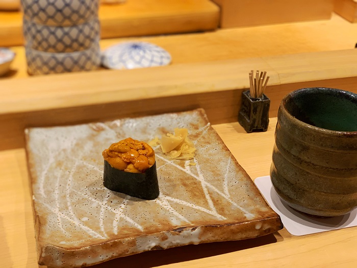 Uni Gunkan (sea urchin sushi) on a plate
